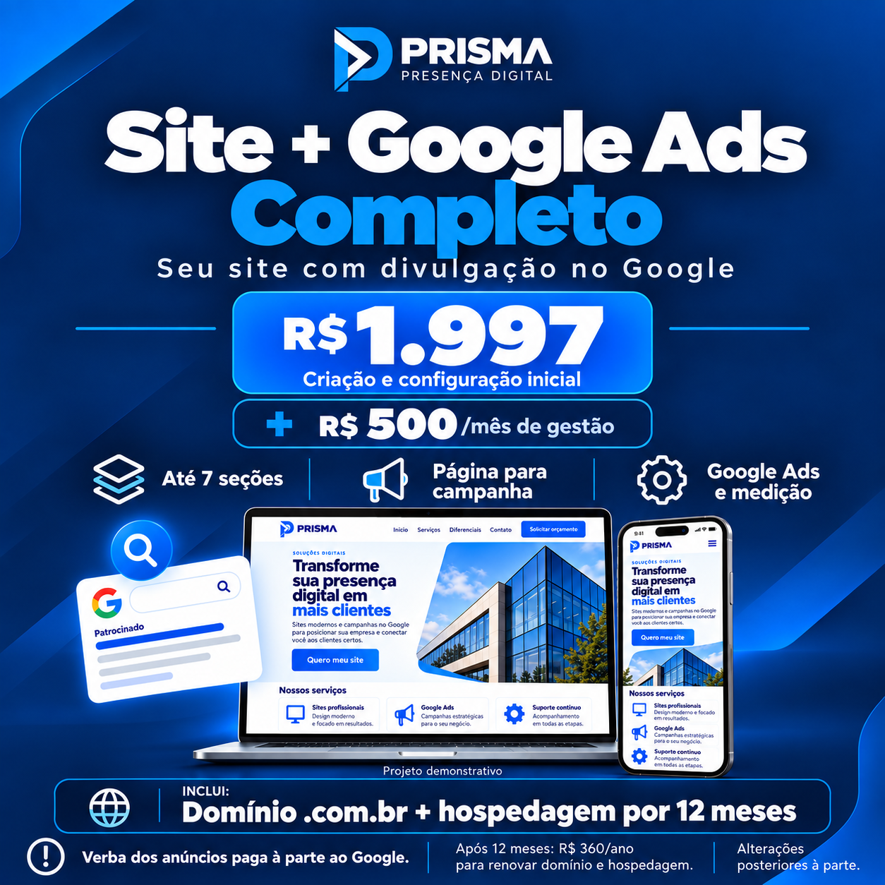 Apresentação do pacote Site + Google Ads: R$ 1.997