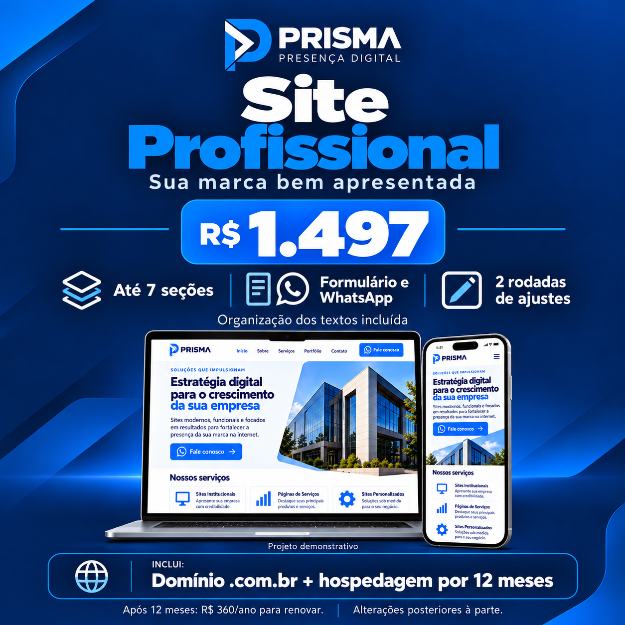 Apresentação do pacote Site Profissional: R$ 1.497